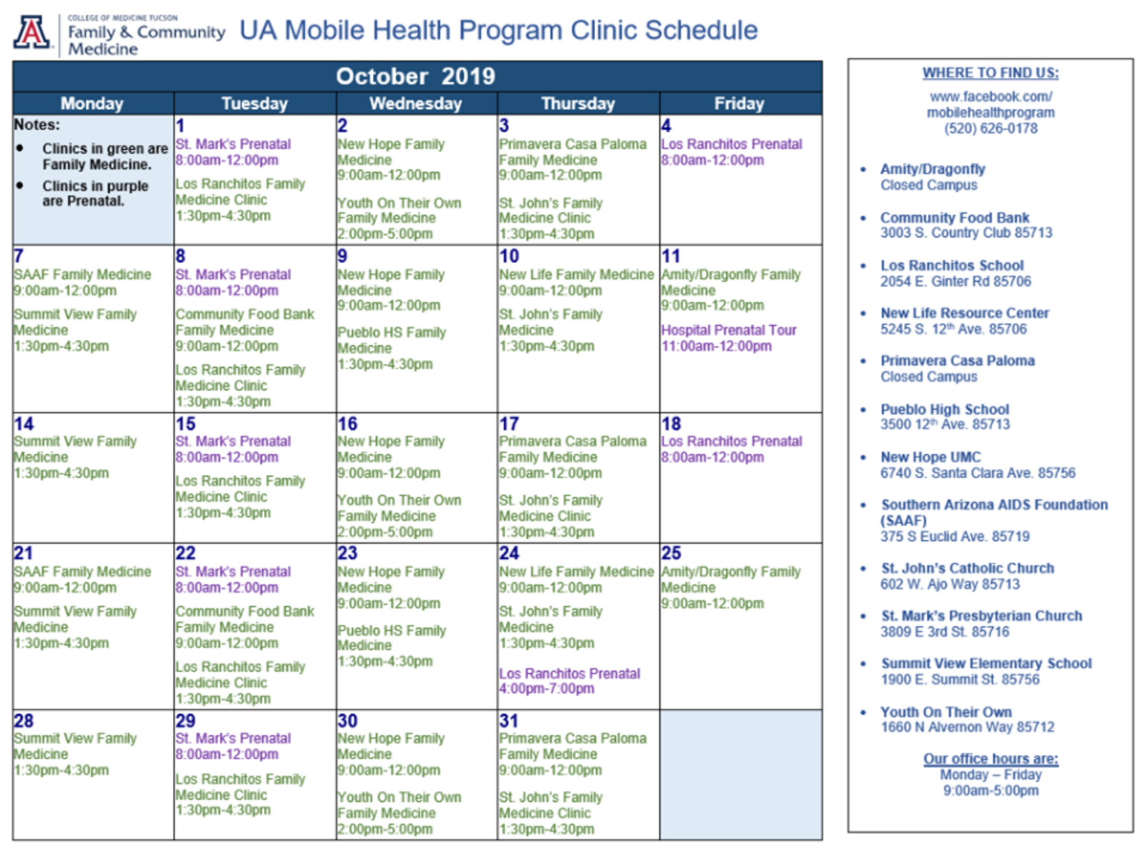 UA Clínica Móvil calendario octubre 2019